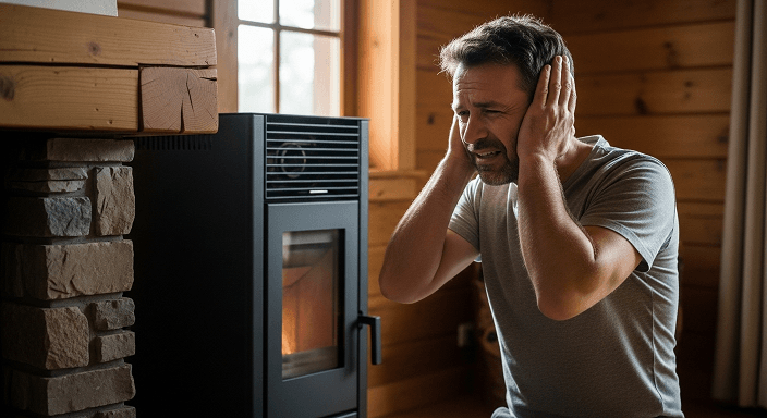 man covering his ears in front of a pellet heater