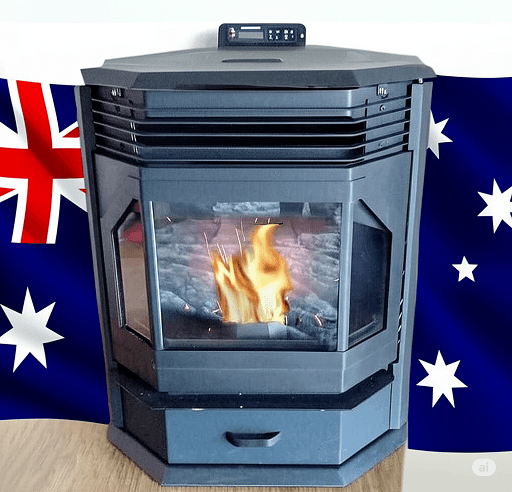 Grace pellet heater in front of an Australian flag.