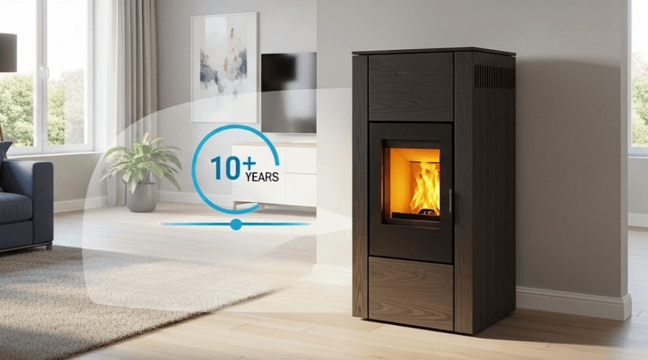 pellet heater with fire burning inside in a lounge room
