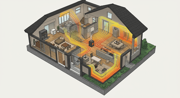 Pellet heater in the middle of house circulating hot air
