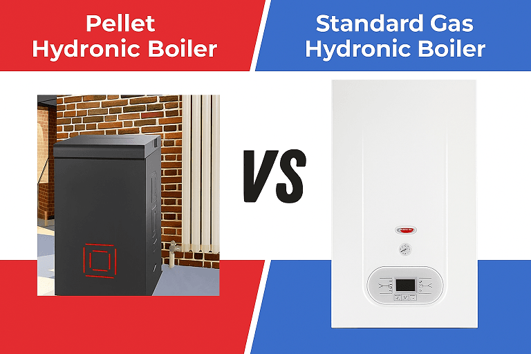 Side-by-side comparison of a pellet hydronic boiler and a standard gas hydronic boiler, highlighting differences in design and heating technology for energy-efficient home heating systems.