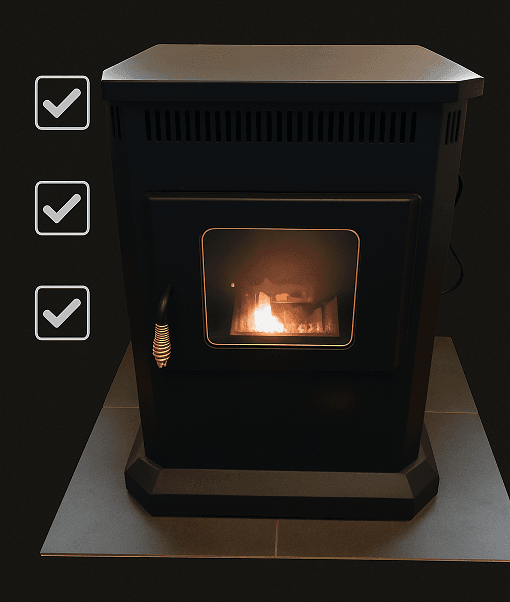 Pellet heater burning with completed winter maintenance checklist icons on the left