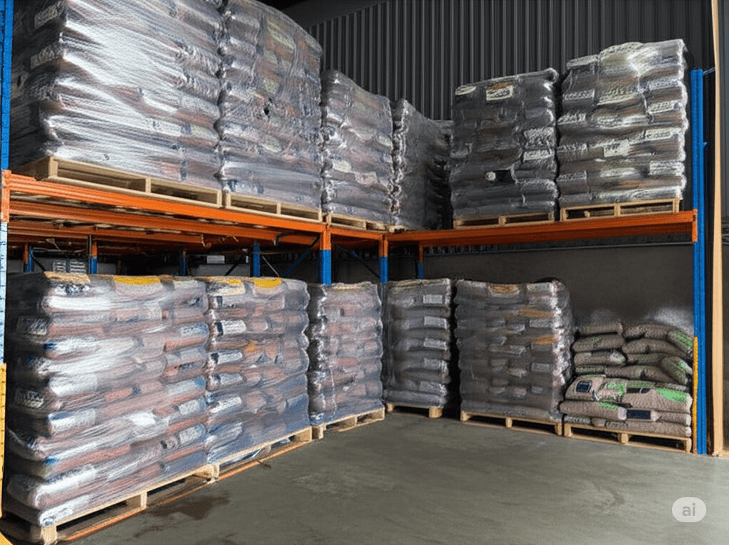 A pile of high-quality wood pellets on pallets, ready for use in a pellet heater.