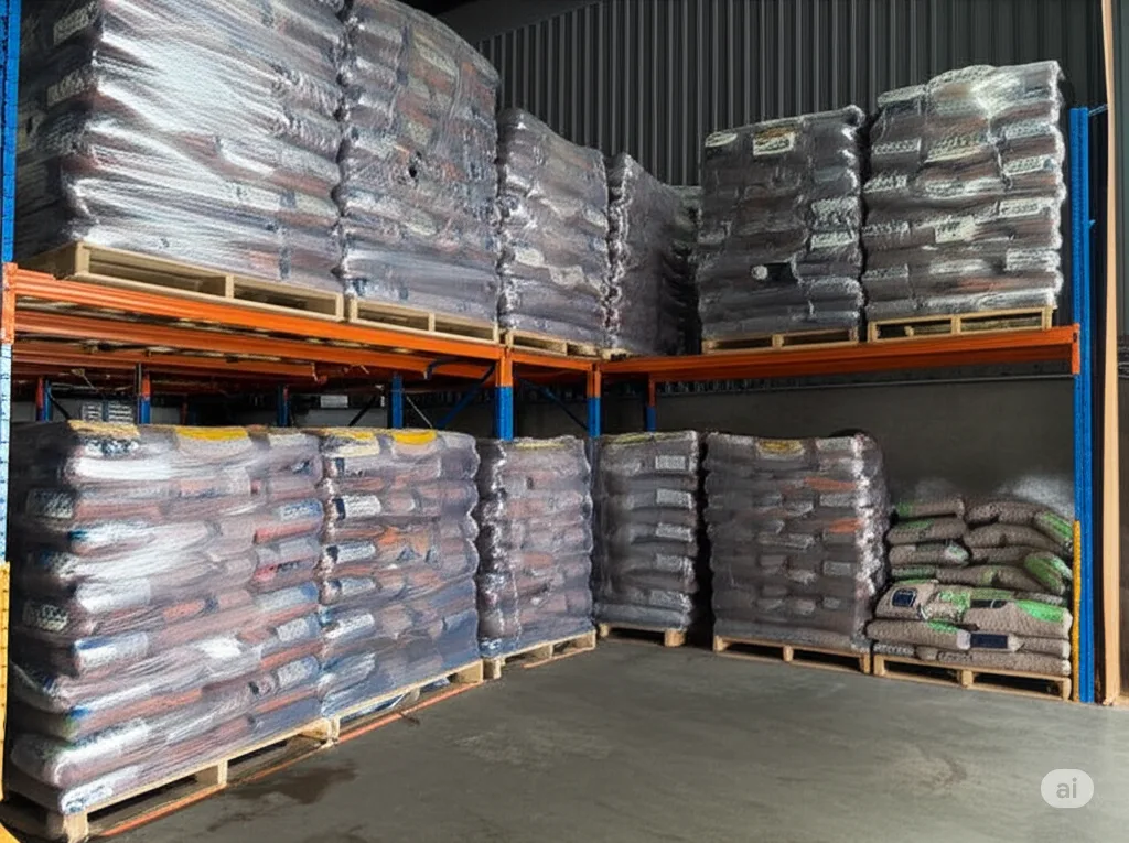 A pile of high-quality wood pellets on pallets, ready for use in a pellet heater.