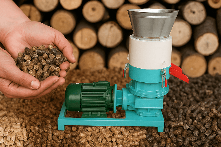Wood pellets in someone's hands and a small wood pellet machine in front of logs.