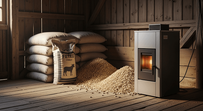 wood pellets stacked next to a modern pellet heater in a barn